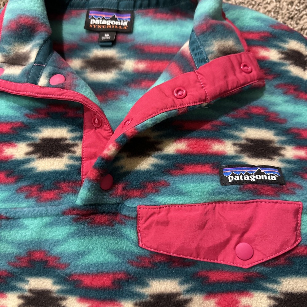 Women's Sz XS Patagonia Wild Desert Synchilla Snap‎ T Fleece Pullover Teal Aztec
